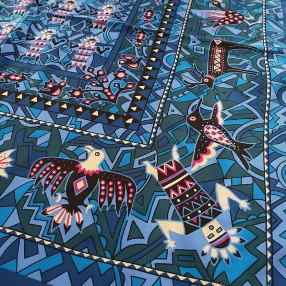 Vintage Jocelyne Mauge Blue & Magenta Scarf With Ethnic Print - Picture 4 of 8